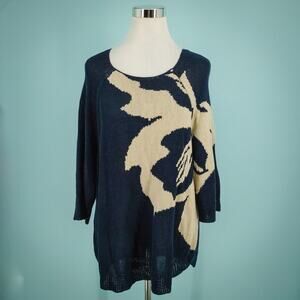Chico's 3 Size XL Navy Blue Tan Floral Print Scoop 3/4 Sleeve Cotton Sweater
